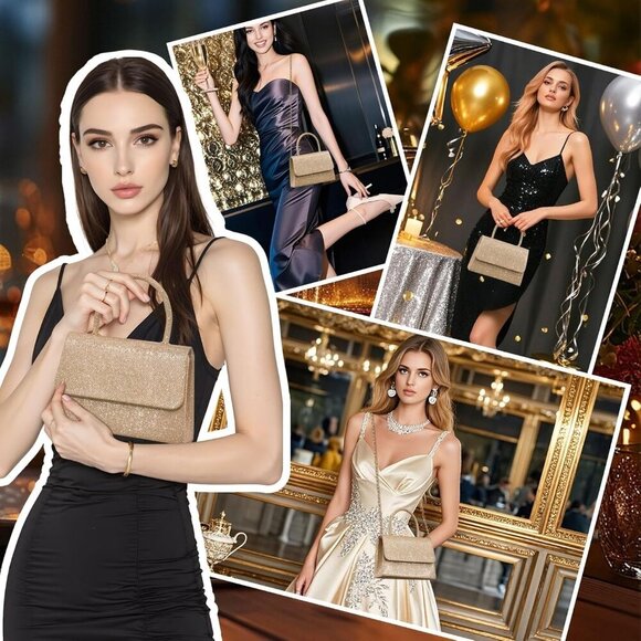 🆕Women's Champagne Glitter Top Handle Evening Purse w/ Chain, Party Prom Date - Picture 5 of 7